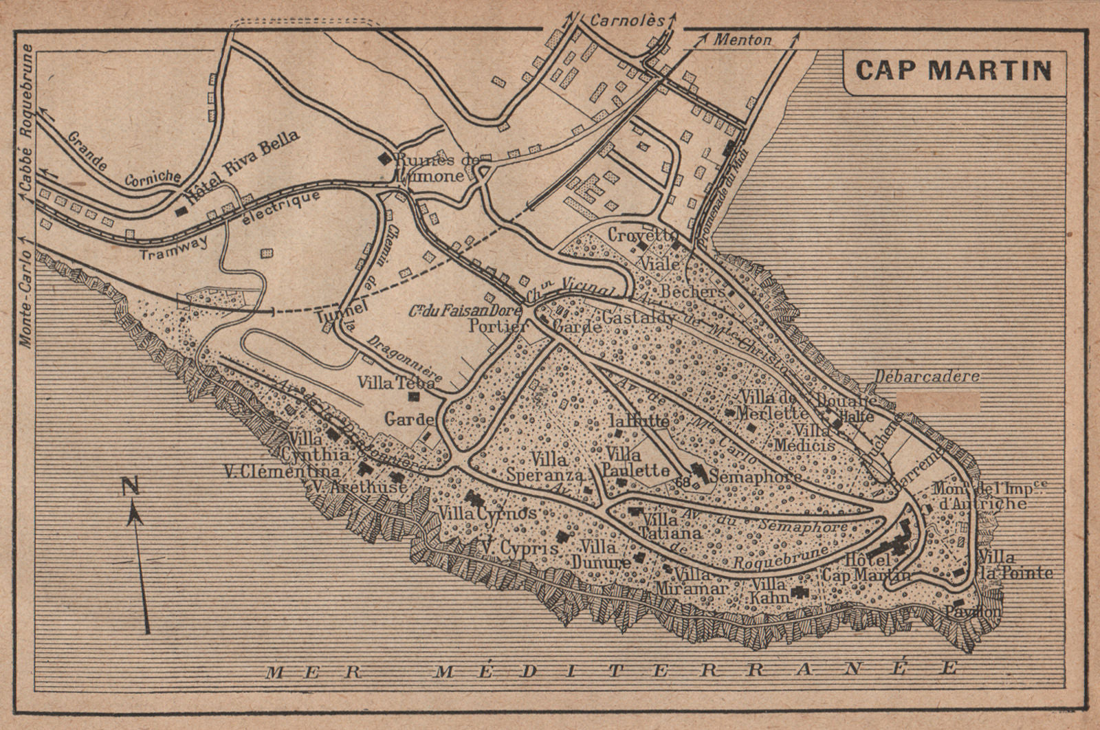 CAP MARTIN vintage town city ville plan. Roquebrune. Alpes-Maritimes 1925 map